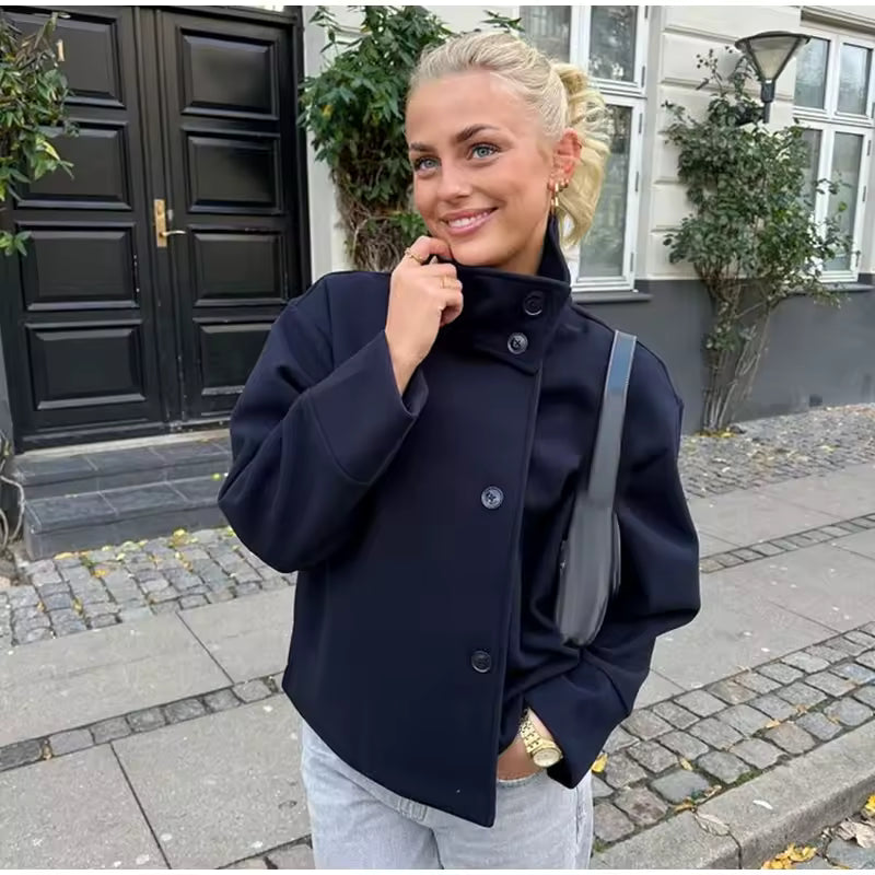 Women's Casual Cropped Jacket – Asymmetrical High-Neck Layer for Smart-Casual Wear