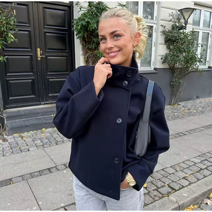 Women's Casual Cropped Jacket – Asymmetrical High-Neck Layer for Smart-Casual Wear