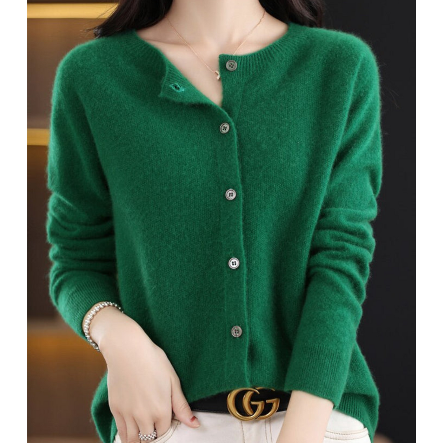 Cardigan de damă din lână merinos și cașmir – tricot elegant cu guler rotund pentru iarnă, birou, purtare zilnică și ocazii festive