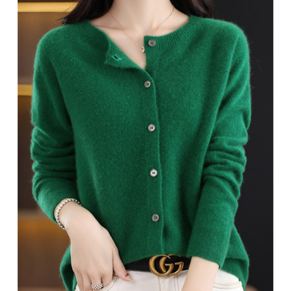 Cardigan de damă din lână merinos și cașmir – tricot elegant cu guler rotund pentru iarnă, birou, purtare zilnică și ocazii festive