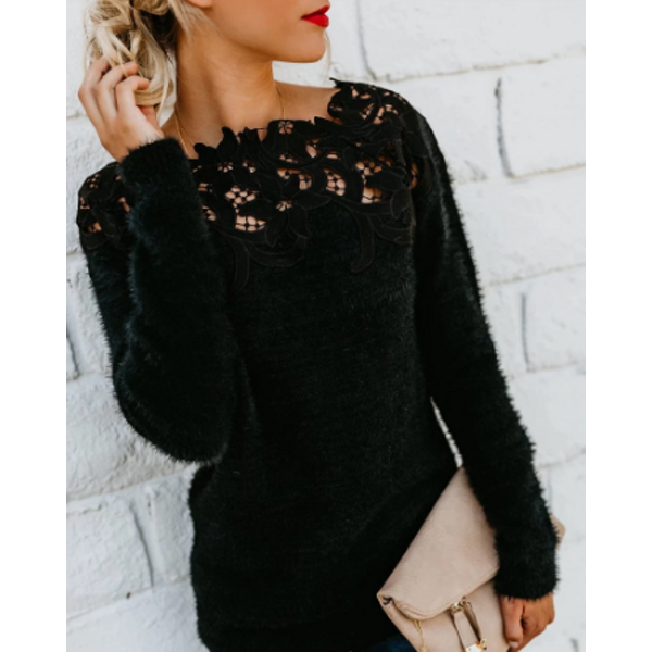 Jersey ligero de punto para mujer con detalles de encaje y escote floral - Jersey elegante para el día a día, la oficina, el tiempo libre y un estilo casual elegante