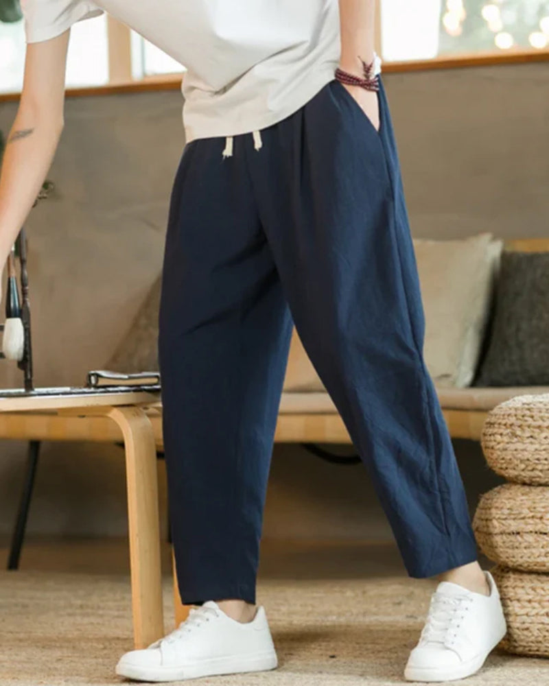 Men's Casual Cotton Trousers with Drawstring Closure and Tapered Fit – Comfortable Trousers for Everyday Wear, Leisure, Vacations, and Smart Casual Style