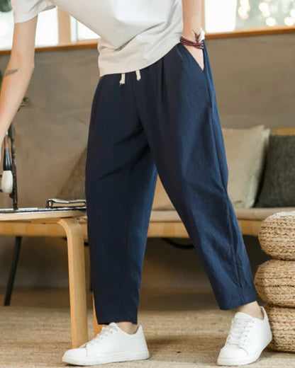 Men's Casual Cotton Trousers with Drawstring Closure and Tapered Fit – Comfortable Trousers for Everyday Wear, Leisure, Vacations, and Smart Casual Style
