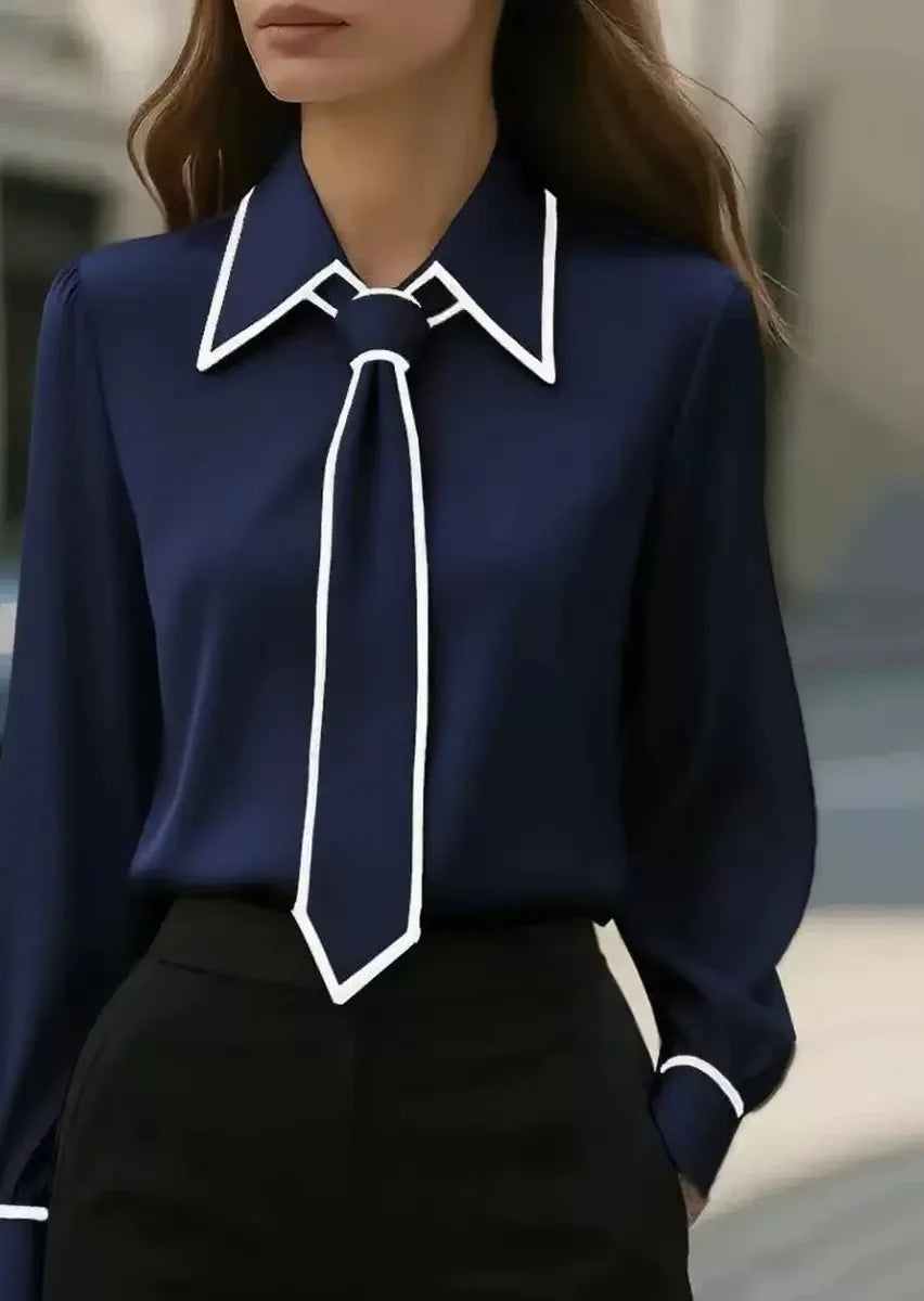 Dame Bluse Med Kontrastkant Og Bindebånd I Halsen – Elegant Langærmet Bluse Til Kontor, Hverdagsbrug Og Smart Casual Stil