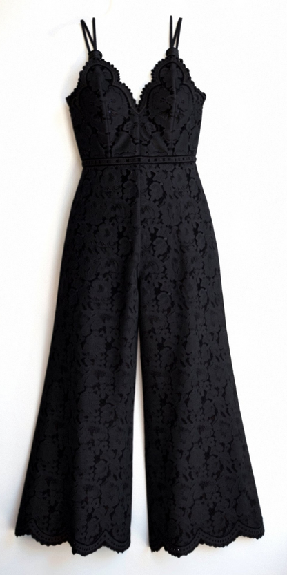 Dame Jumpsuit Med Brede Ben, Blondedetaljer Og V-hals – Elegant Heldragt Med Spaghettistropper Til Bryllupper, Aftenarrangementer Og Festlige Anledninger