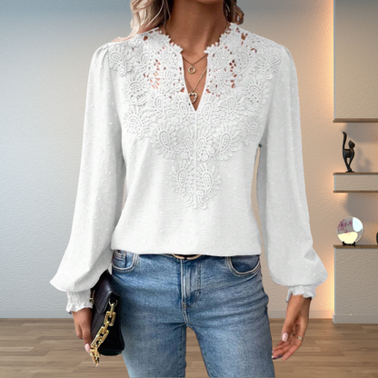 Women's Blouse with Lace Trim and V-Neck – Textured Long-Sleeve Top for Elegant Everyday Wear