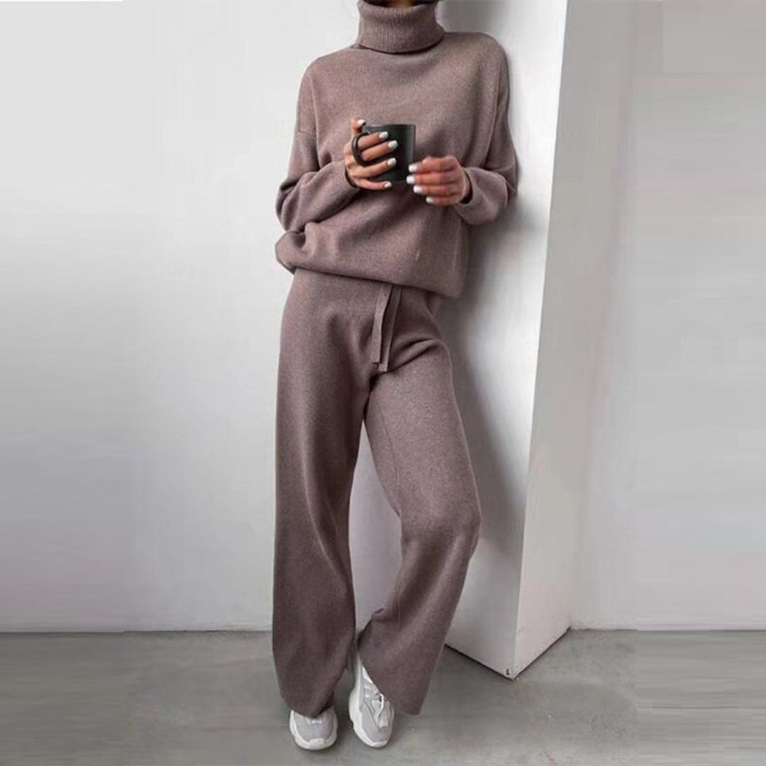 Set lejer de damă din tricot cu guler înalt, cu pulover moale și pantaloni cu croială largă și șnur – set călduros din 2 piese pentru toamnă, iarnă și purtare zilnică