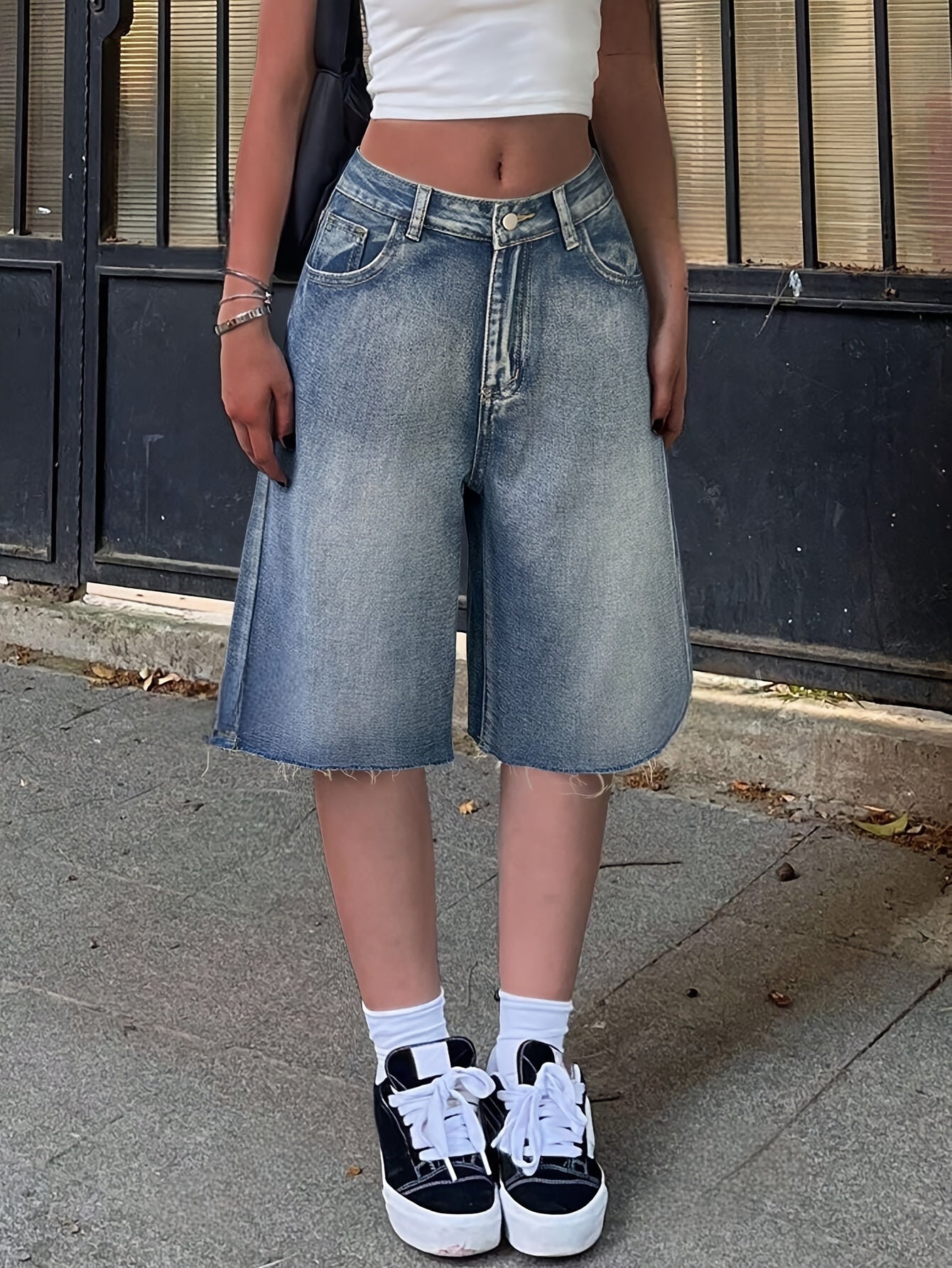 Dame Denimshorts Med Høj Talje Og Brede Ben – Afslappede Knælange Jorts Til Sommer, Ferie, Hverdagsbrug Og Casual Outfits