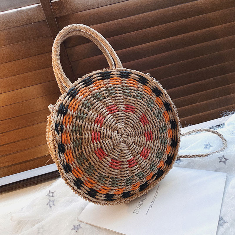 Dame Rund Flettet Stråhåndtaske Med Mønstret Design Og Rebhåndtag – Let Sommertaske Til Ferie, Strand, Shopping Og Fritid