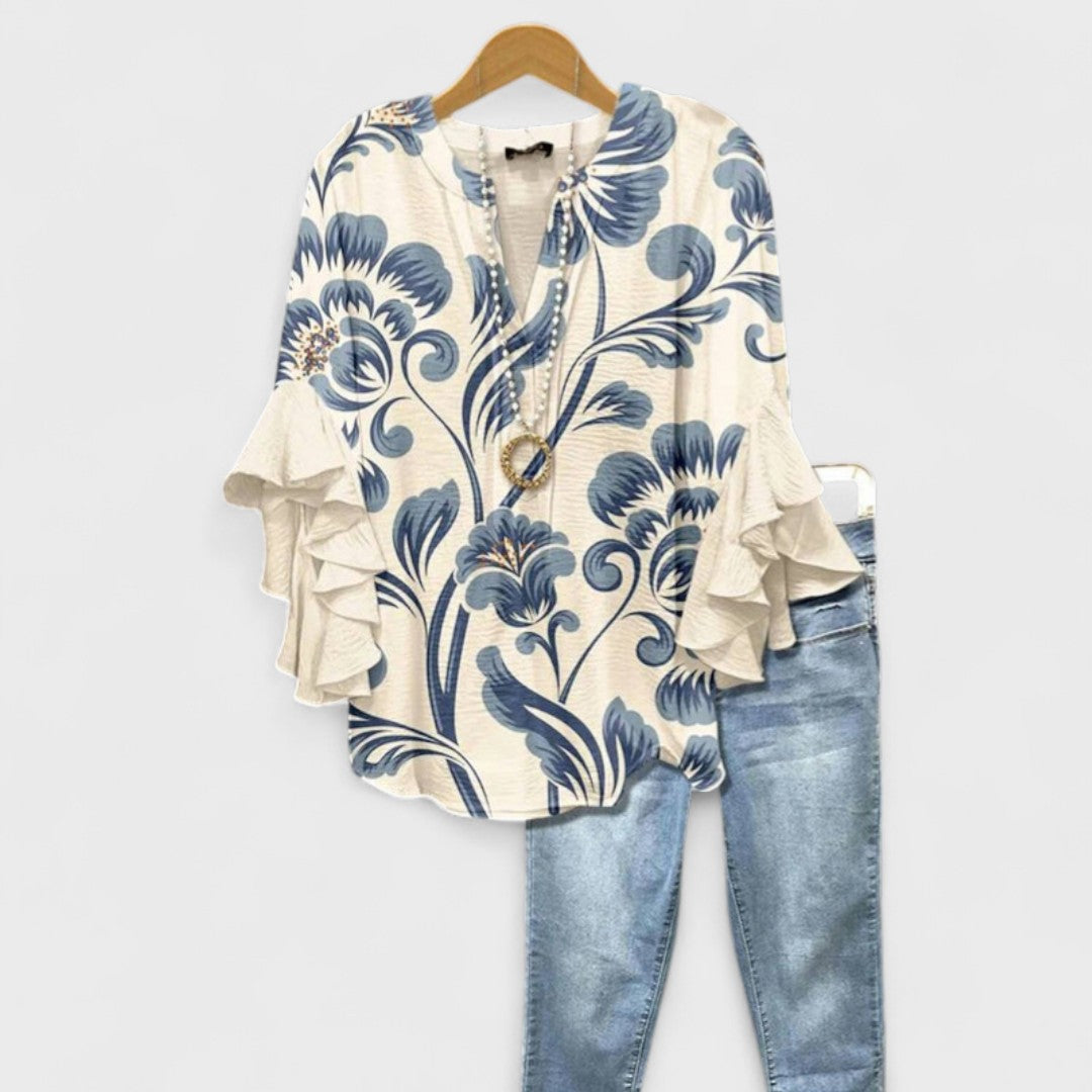 Dame Bluse Med Kunstnerisk Blomsterprint Flæseærmer Og Elegant V-Hals