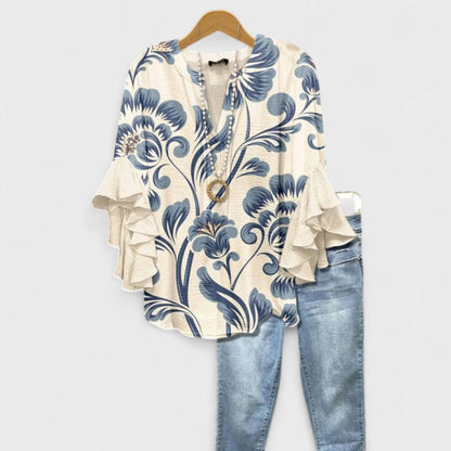 Dame Bluse Med Kunstnerisk Blomsterprint Flæseærmer Og Elegant V-Hals