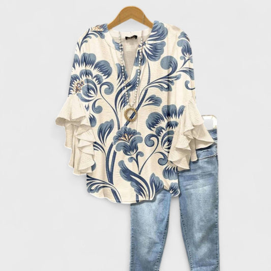 Dame Bluse Med Kunstnerisk Blomsterprint Flæseærmer Og Elegant V-Hals