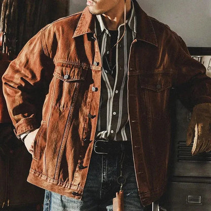Herre Vintage Vasket Denimjakke Med Brystlommer Og Distressed Finish – Afslappet Trucker-jakke Til Efterår, Hverdagsbrug, Fritid Og Casual Stil