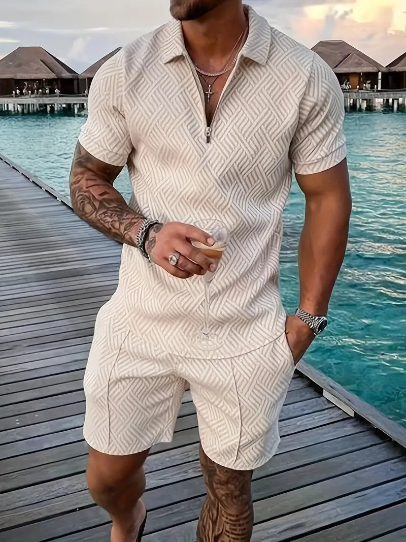 Herre Tekstureret Poloshirt- og Shortssæt – Elegant Sommersæt til Ferie og Afslappet Brug