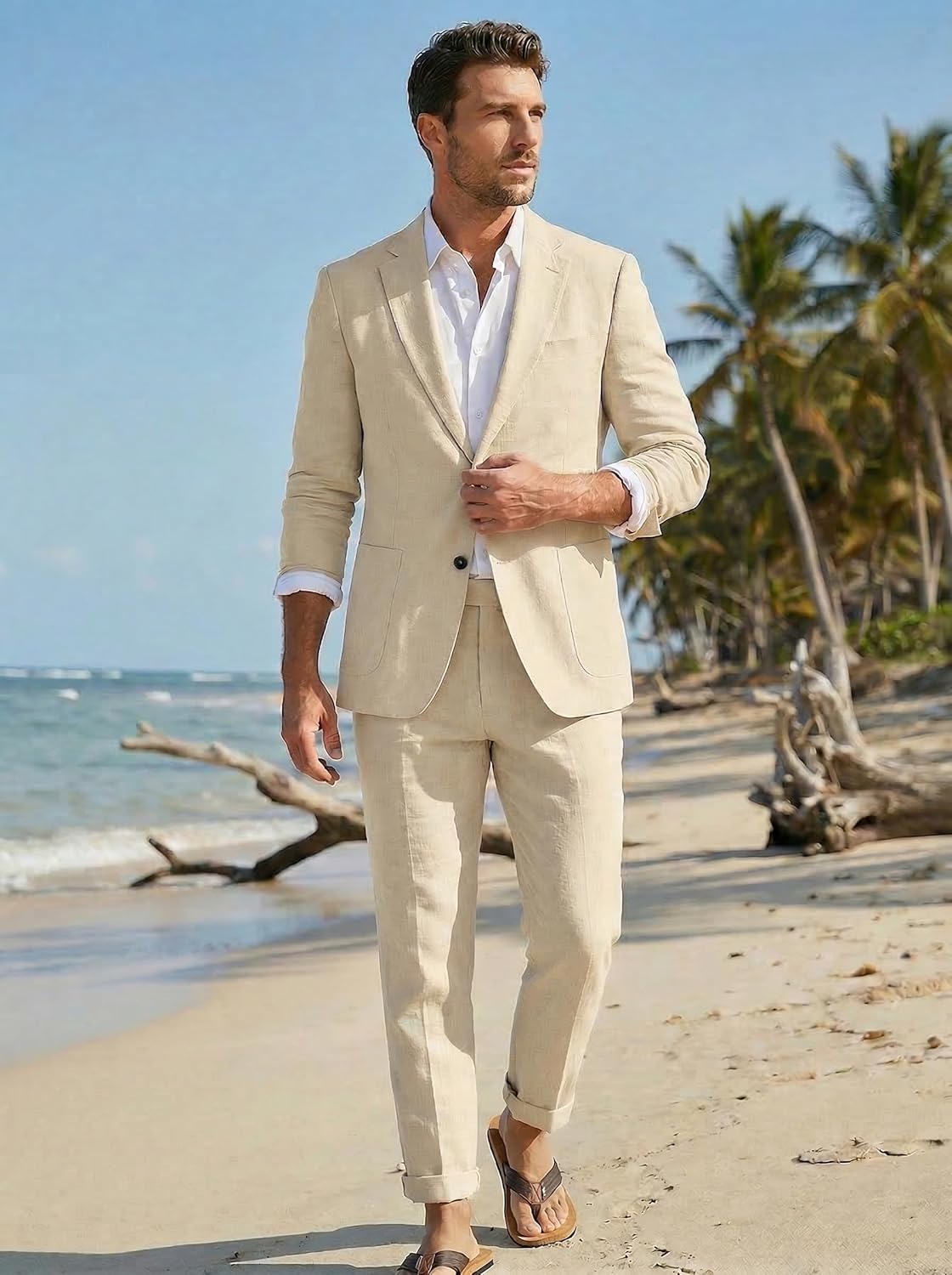 Men's Linen Suit with Blazer and Trousers – Elegant 2-Piece Set for Summer, Business, Weddings, and Formal Occasions