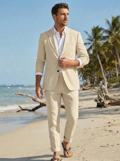 Men's Linen Suit with Blazer and Trousers – Elegant 2-Piece Set for Summer, Business, Weddings, and Formal Occasions
