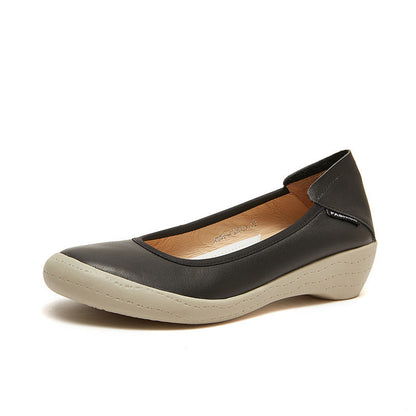 Zapatos de salón de piel auténtica para mujer, con punta redonda y tacón de cuña bajo – Elegantes zapatos sin cordones para la oficina y el día a día con comodidad