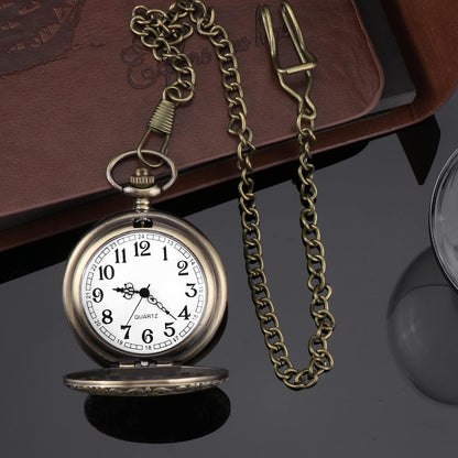 Men's Vintage Pocket Watch with Engraved Details and Quartz Movement – Classic Chain Watch for Elegant and Formal Outfits