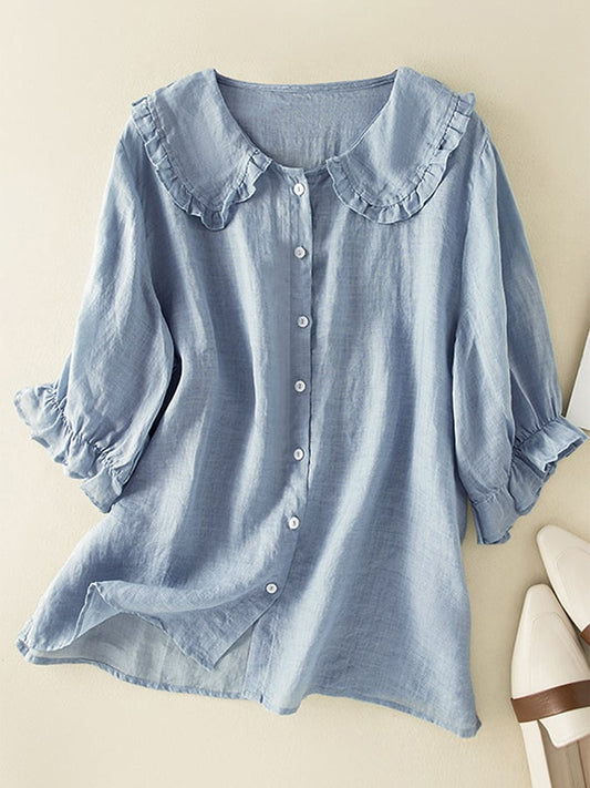 Women's Blouse with a Ruffled Collar – Casual Top with a Front Button Closure and Three-Quarter Sleeves