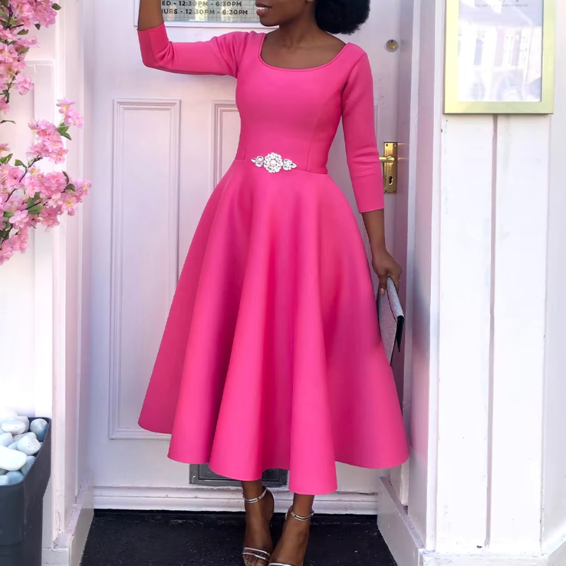 Women's A-Line Midi Dress – Three-Quarter-Sleeve Dress for Events and Everyday Wear