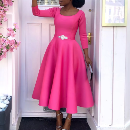 Women's A-Line Midi Dress – Three-Quarter-Sleeve Dress for Events and Everyday Wear
