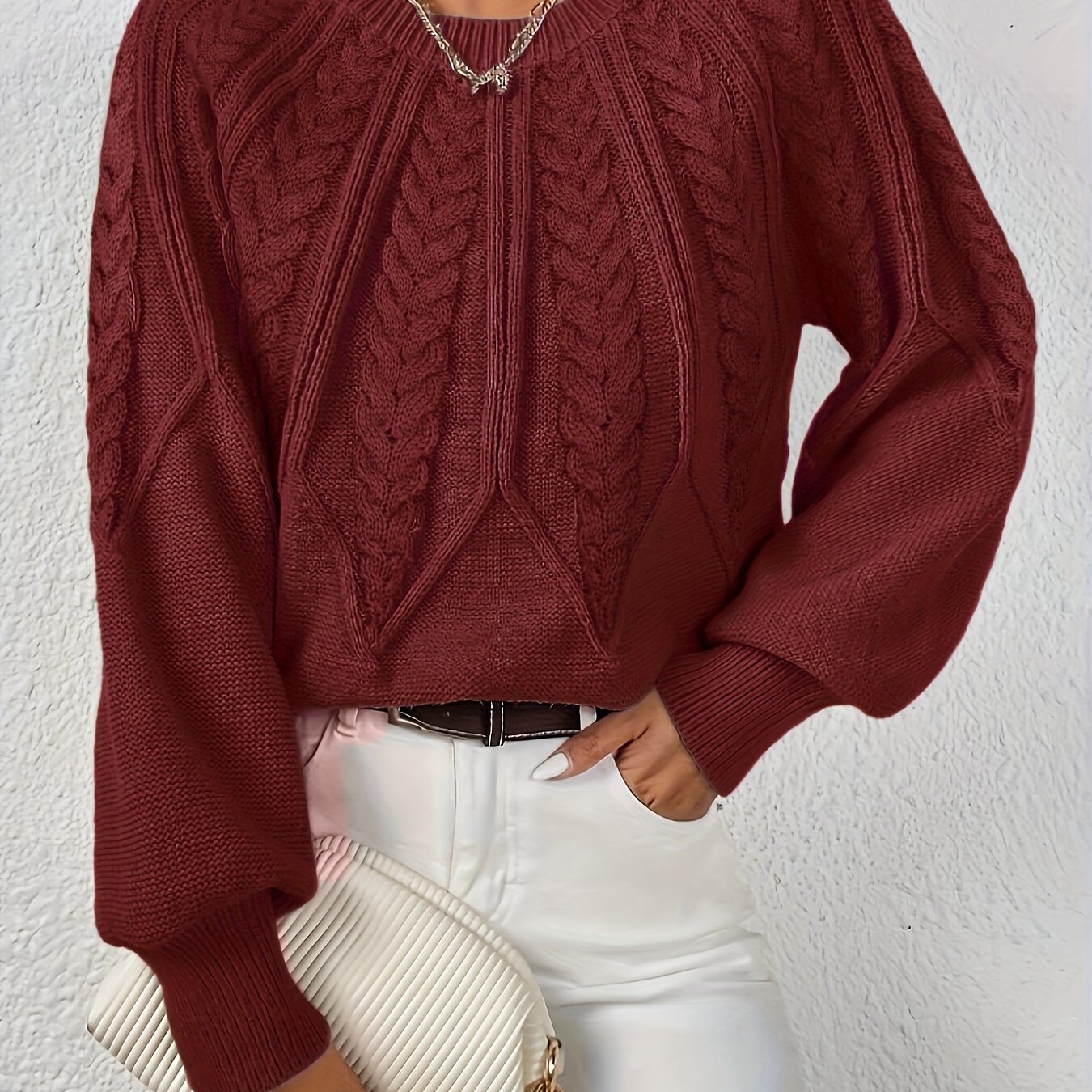 Dame Kabelstrikket Sweater Med Lanterneærmer Og Rund Hals