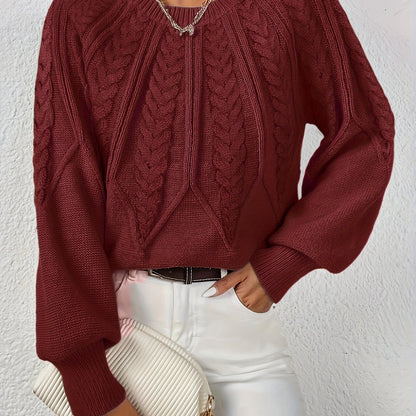 Dame Kabelstrikket Sweater Med Lanterneærmer Og Rund Hals