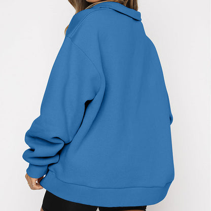 Dame Oversized Half-zip Sweatshirt Med Krave Og Lange Ærmer – Afslappet Pullover Til Hverdagsbrug, Fritid Og Lag-på-lag Styling