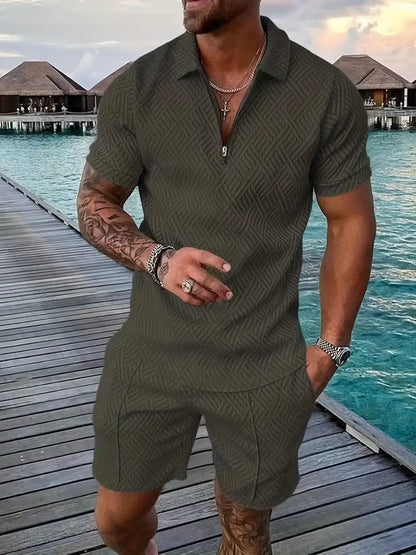 Herre Tekstureret Poloshirt- og Shortssæt – Elegant Sommersæt til Ferie og Afslappet Brug