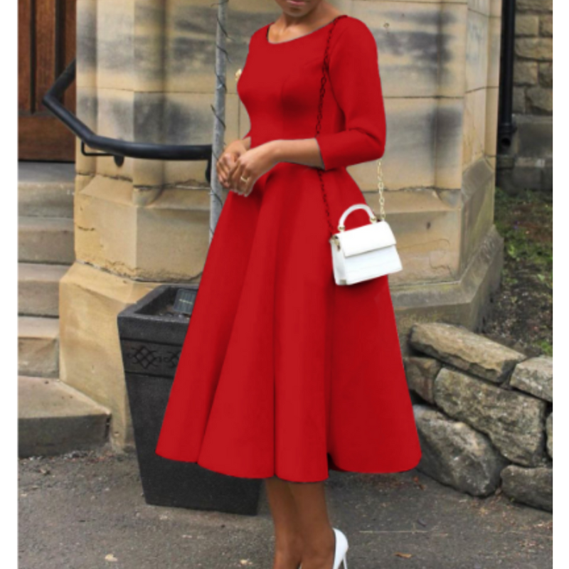 Women's A-Line Midi Dress – Three-Quarter-Sleeve Dress for Events and Everyday Wear