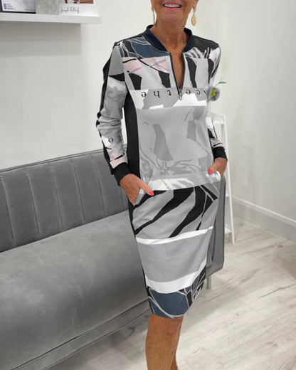 Vestido midi estampado para mujer con cremallera en el cuello - vestido de manga larga para el trabajo, salidas informales y entretiempo