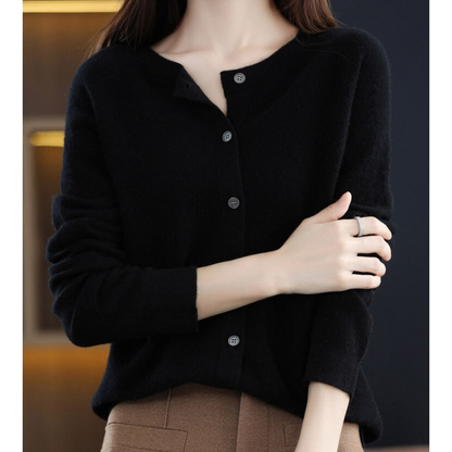 Cardigan de damă din lână merinos și cașmir – tricot elegant cu guler rotund pentru iarnă, birou, purtare zilnică și ocazii festive