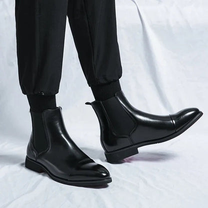 Pánské elegantní chelsea boty se špičatou špičkou a elastickými bočními panely - kotníkové boty s nízkým podpatkem do kanceláře, na večírek a pro elegantně ležérní styl