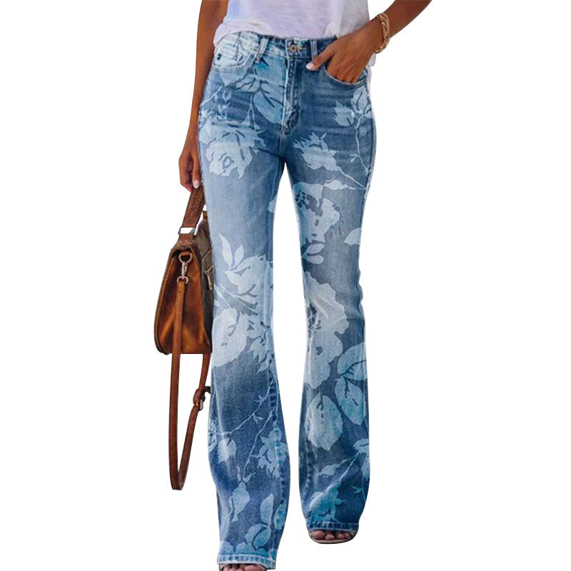 Women's High-Waisted Jeans with Floral Print and Wide Legs – Retro Denim for Everyday Wear, Leisure, Festivals, and Smart-Casual Style