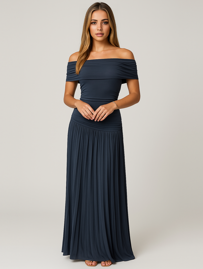 Dame Off Shoulder Plisseret Maxikjole – Elegant Kjole Til Bryllupsgæster Og Receptioner