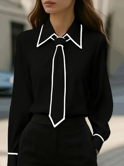 Dame Bluse Med Kontrastkant Og Bindebånd I Halsen – Elegant Langærmet Bluse Til Kontor, Hverdagsbrug Og Smart Casual Stil