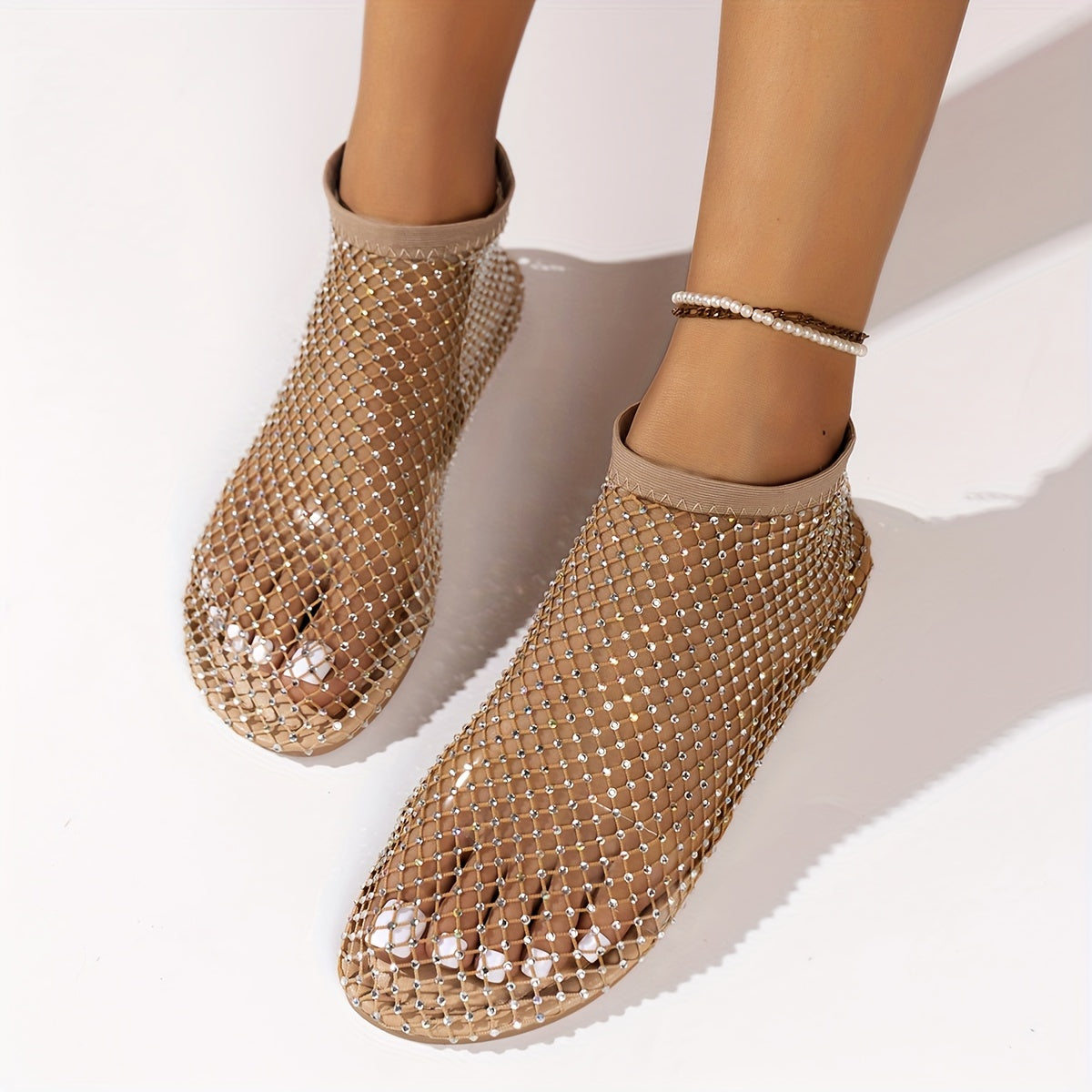 Women's Flat Mesh Sandals with Rhinestones - Sheer, Sparkling Slip-On Summer Shoes for Beach Vacations and Elegant Summer Looks