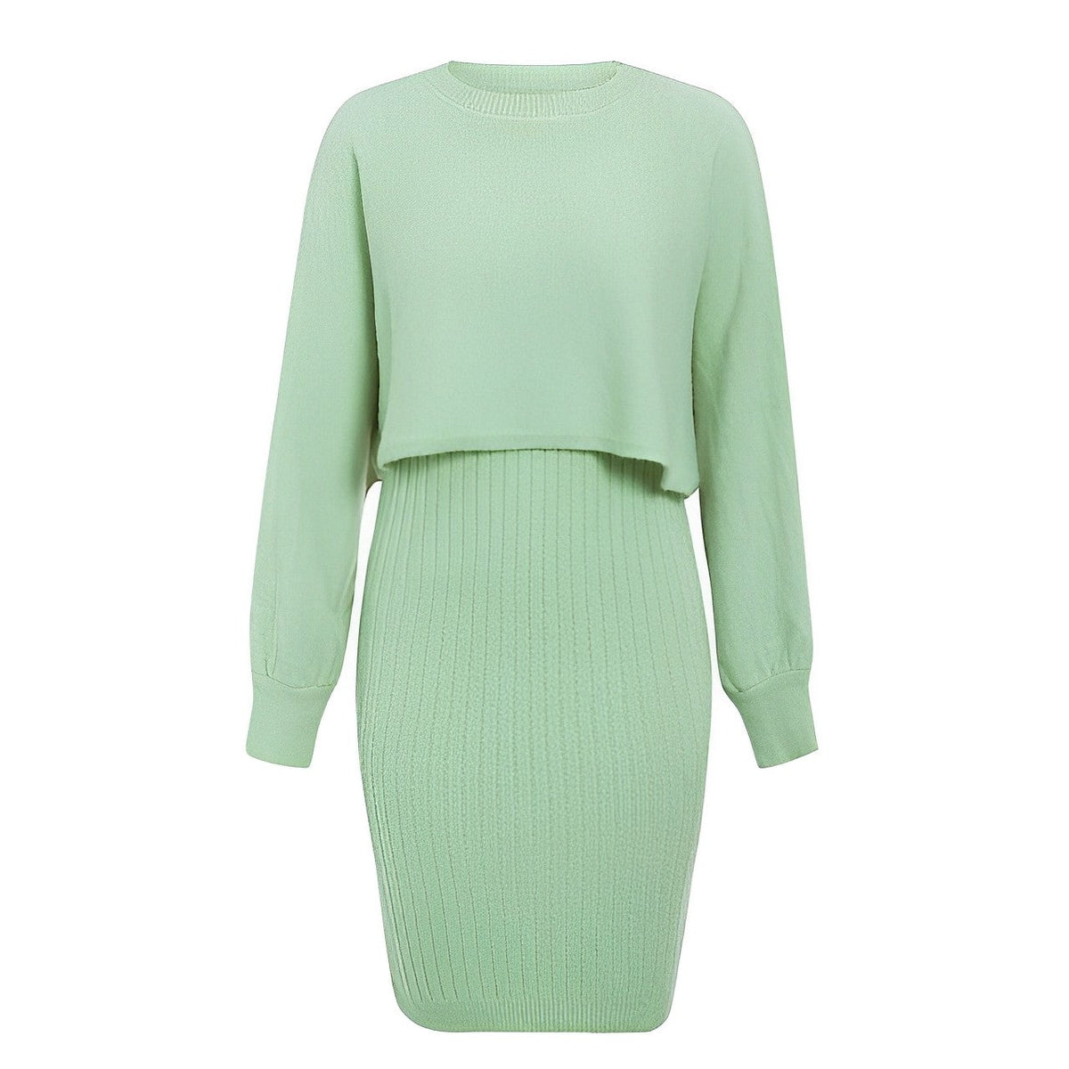 Dame Strikket 2-delt Sæt Med Cropped Sweater, Lanternærmer Og Ribstrikket Midinederdel – Varmt Striksæt Til Efterår, Vinter Og Hverdagsbrug