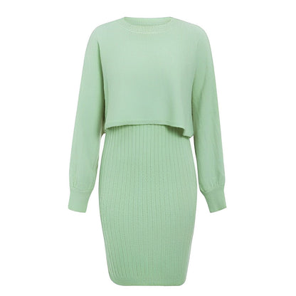Dame Strikket 2-delt Sæt Med Cropped Sweater, Lanternærmer Og Ribstrikket Midinederdel – Varmt Striksæt Til Efterår, Vinter Og Hverdagsbrug