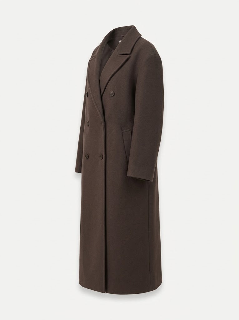 Abrigo largo oversized cruzado de doble botonadura para mujer con solapas relajadas y abertura trasera - elegante abrigo para el trabajo, la ciudad y el uso diario