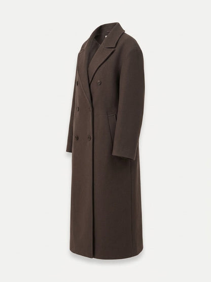 Abrigo largo oversized cruzado de doble botonadura para mujer con solapas relajadas y abertura trasera - elegante abrigo para el trabajo, la ciudad y el uso diario