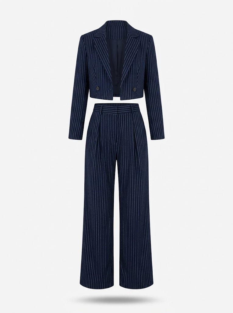 Traje de pantalón de 2 piezas de raya diplomática para mujer con blazer corto y pantalón de pierna ancha - elegante conjunto para el trabajo, la oficina y un estilo smart casual