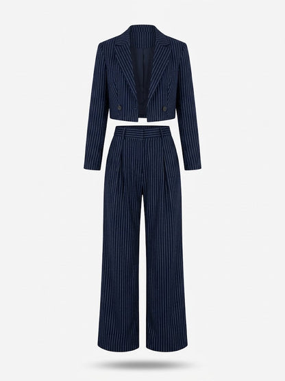 Traje de pantalón de 2 piezas de raya diplomática para mujer con blazer corto y pantalón de pierna ancha - elegante conjunto para el trabajo, la oficina y un estilo smart casual