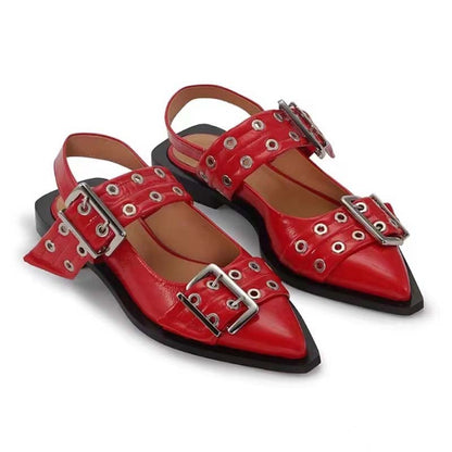 Women's Flat Slingback Shoes with Pointed Toes and Buckles - Elegant Patent-Look Shoes with Multiple Straps and Eyelet Details for Smart Casual Style and City Life