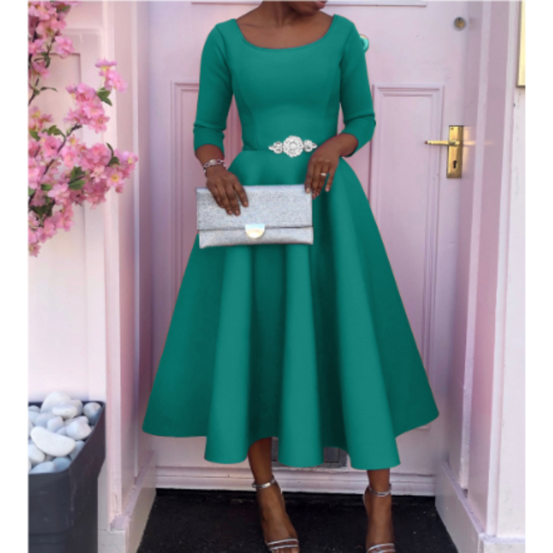 Women's A-Line Midi Dress – Three-Quarter-Sleeve Dress for Events and Everyday Wear