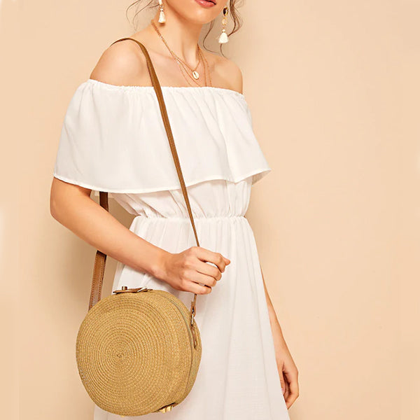 Women's Round Woven Straw Crossbody Bag with Long Adjustable Strap - Lightweight Summer Bag for Vacation, the Beach, Everyday Use, and Leisure