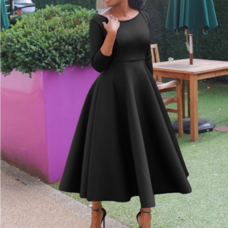Women's A-Line Midi Dress – Three-Quarter-Sleeve Dress for Events and Everyday Wear