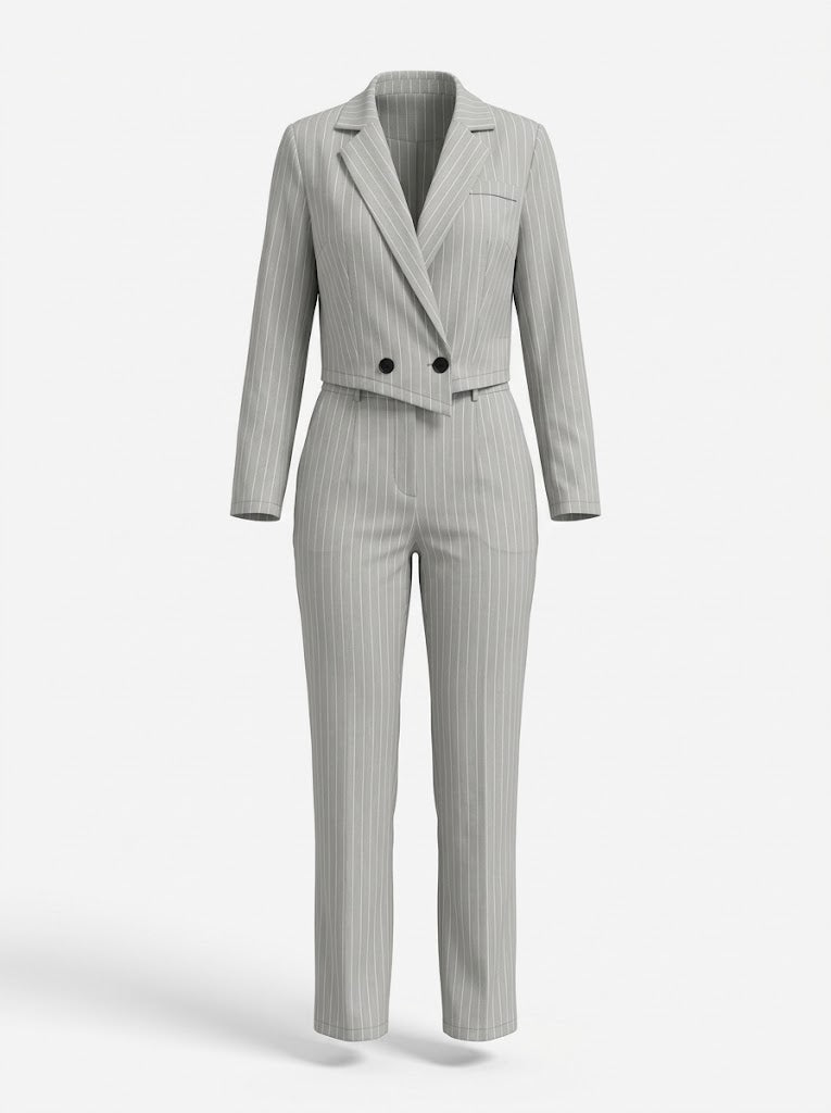 Traje de pantalón de 2 piezas de raya diplomática para mujer con blazer corto y pantalón de pierna ancha - elegante conjunto para el trabajo, la oficina y un estilo smart casual