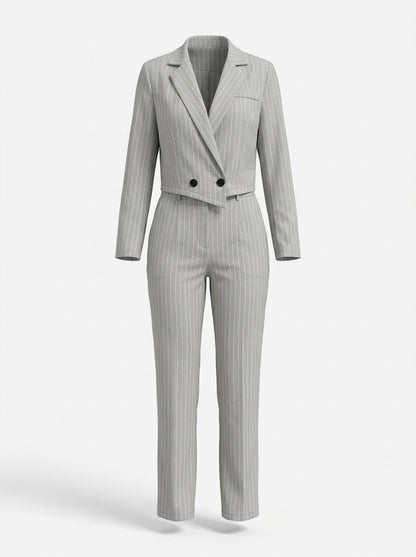 Traje de pantalón de 2 piezas de raya diplomática para mujer con blazer corto y pantalón de pierna ancha - elegante conjunto para el trabajo, la oficina y un estilo smart casual