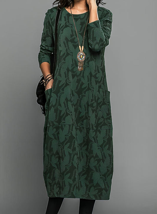 Women's Printed Cocoon Midi Dress – Casual Long-Sleeve Dress with Pockets